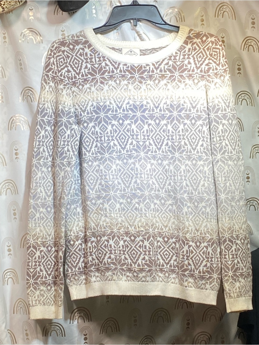 St. John's Bay Cream and Light Brown Geometric Crewneck Sweater